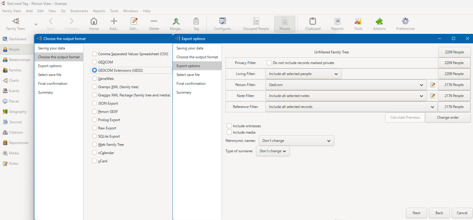 Gramps GEDCOM Extensions export options with the Gedcom person filter selected